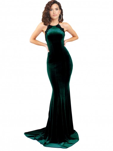 Stretch Velvet Low Back Sweep Train High Neck Mermaid Formal Evening Gown / Prom Dress / Bridesmaid Dress Stockport