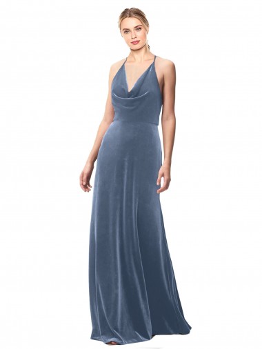 Stretch Velvet Keyhole Back Long Spaghetti Straps Dusty Blue A-Line Prom Dress / Bridesmaid Dress Stockport