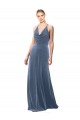 Stretch Velvet Keyhole Back Long Spaghetti Straps Dusty Blue A-Line Prom Dress / Bridesmaid Dress Stockport