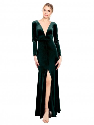 Stretch Velvet Open Back Long V-Neck A-Line Black Tie Prom Dress / Bridesmaid Dress Stockport