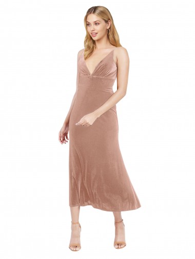 Stretch Velvet V-Back Midi Length V-Neck Pink A-Line Prom Dress / Bridesmaid Dress Stockport