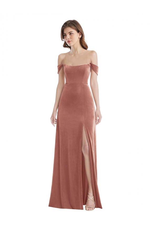 Stretch Velvet Long Off the Shoulder Cinnamon Rose A-Line Semi Formal Evening Dress / Prom Dress / Bridesmaid Dress Stockport