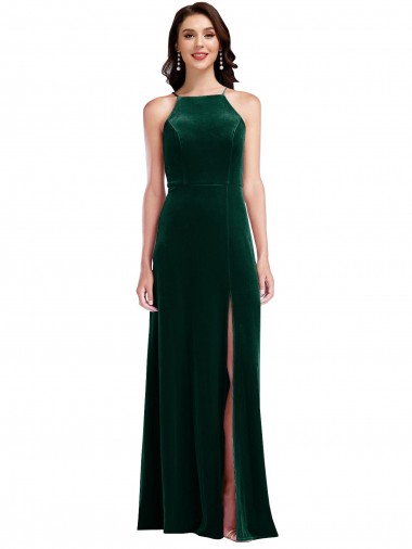 Stretch Velvet Long Halter Neck A-Line Semi Formal Evening Dress / Prom Dress / Bridesmaid Dress Stockport