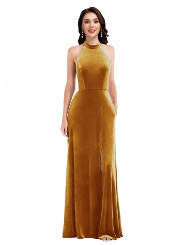Stretch Velvet Keyhole Back Long Halter Neck Trumpet Semi Formal Evening Dress / Prom Dress / Bridesmaid Dress Stockport