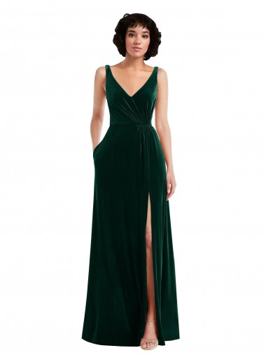 Stretch Velvet V-Back Long V-Neck Dark Green A-Line Bridesmaid Dress / Evening Dress Stockport