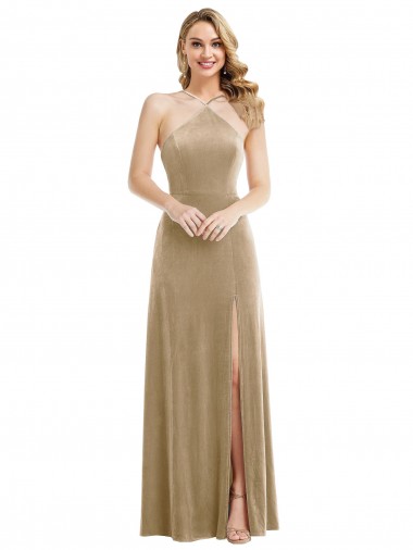 Stretch Velvet Open Back Long Halter Neck A-Line Semi Formal Evening Dress / Prom Dress / Bridesmaid Dress Stockport