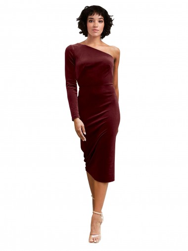 Stretch Velvet Midi Length One Shoulder A-Line Black Tie Prom Dress / Bridesmaid Dress Stockport